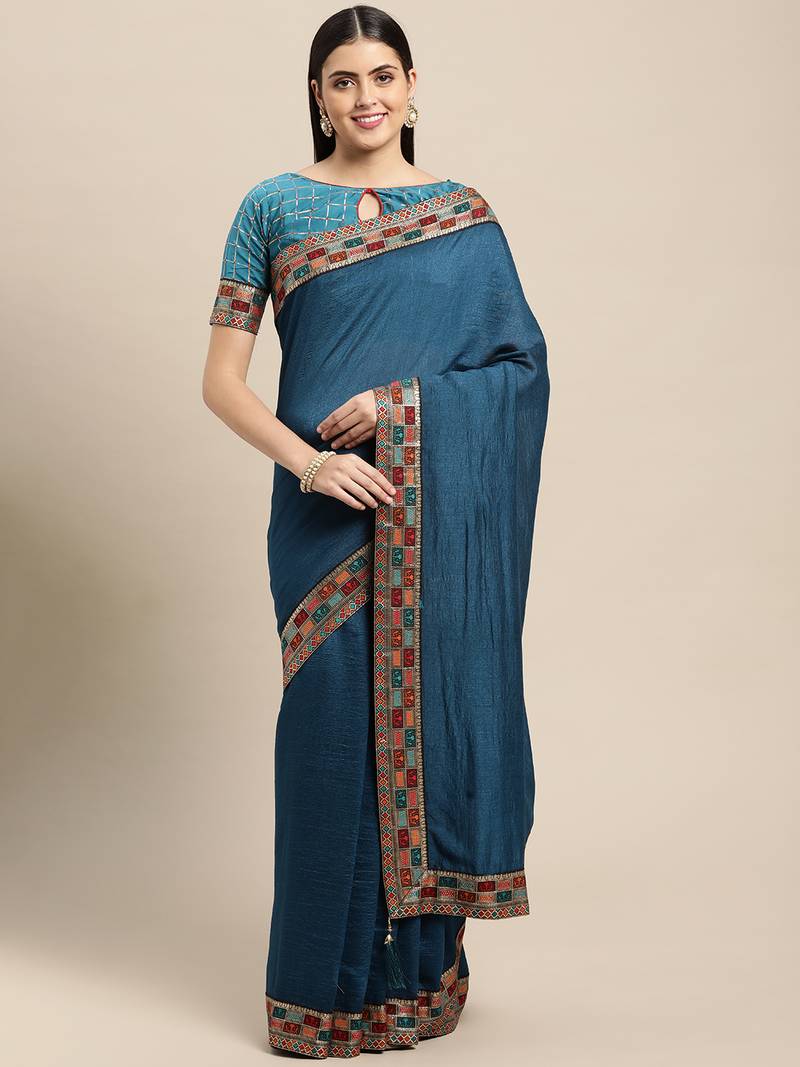 Teal plain poly silk saree with blouse