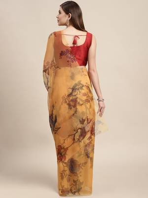 Orange printed organza saree with blouse 2