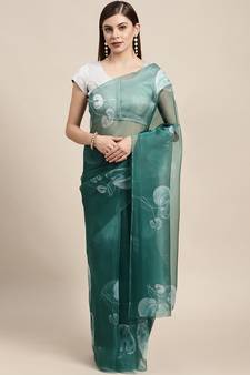 Green Printed Organza Saree With Blouse