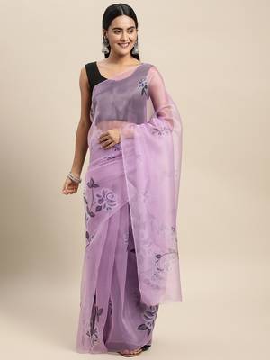 Lavender Printed Organza Saree With Blouse 1