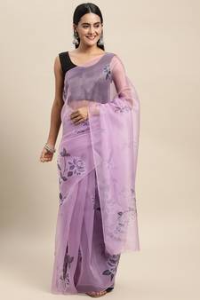 Lavender Printed Organza Saree With Blouse