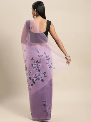 Lavender Printed Organza Saree With Blouse 2