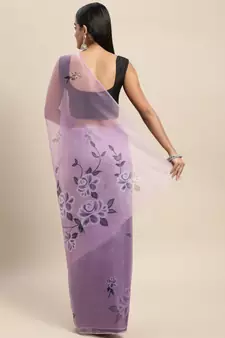 Lavender Printed Organza Saree With Blouse