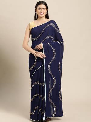 Navy Blue Plain Poly silk blend Saree With Blouse 1