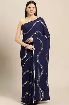 Navy Blue Plain Poly Silk Blend Saree With Blouse