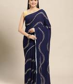 Navy Blue Plain Poly Silk Blend Saree With Blouse