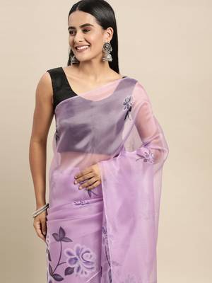 Lavender Printed Organza Saree With Blouse 3