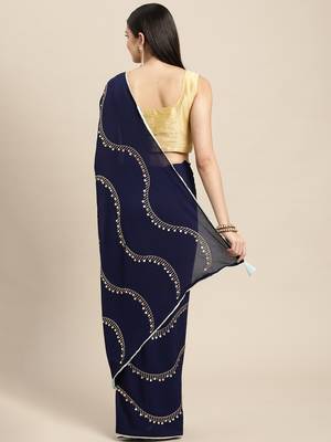 Navy Blue Plain Poly silk blend Saree With Blouse 2