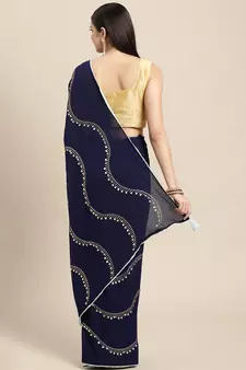 Navy Blue Plain Poly Silk Blend Saree With Blouse