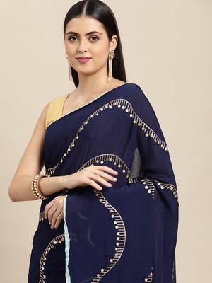 Navy Blue Plain Poly silk blend Saree With Blouse 3