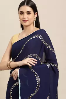 Navy Blue Plain Poly Silk Blend Saree With Blouse