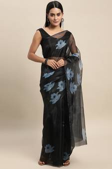 Navy Blue Printed Organza Saree With Blouse