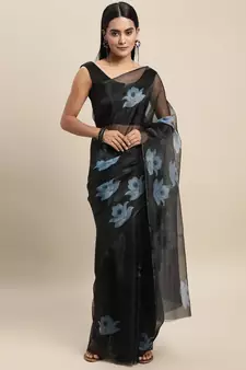 Navy Blue Printed Organza Saree With Blouse