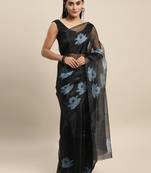 Navy Blue Printed Organza Saree With Blouse