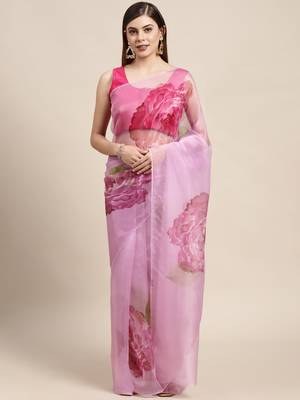 Pink Printed Organza Saree With Blouse 1