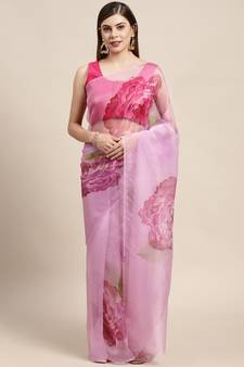 Pink Printed Organza Saree With Blouse