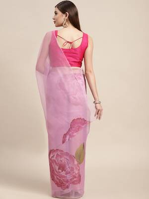 Pink Printed Organza Saree With Blouse 2