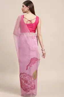 Pink Printed Organza Saree With Blouse