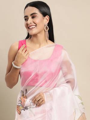 Cream Printed Organza Saree With Blouse 3