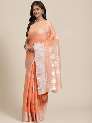 Peach woven linen saree with blouse 1