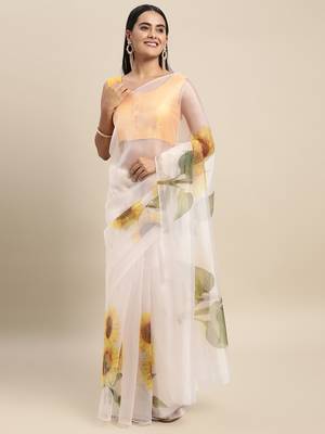 Cream Printed Organza Saree With Blouse 1