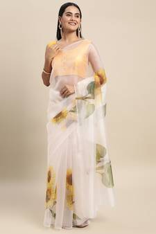 Cream Printed Organza Saree With Blouse