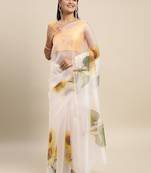 Cream Printed Organza Saree With Blouse