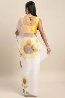 Cream Printed Organza Saree With Blouse