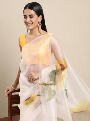 Cream Printed Organza Saree With Blouse 3