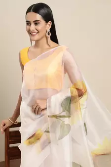 Cream Printed Organza Saree With Blouse