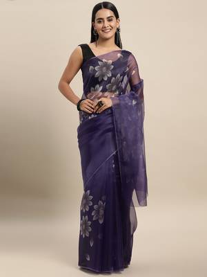 Purple Printed Organza Saree With Blouse 1