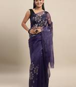 Purple Printed Organza Saree With Blouse
