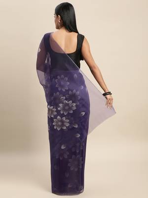 Purple Printed Organza Saree With Blouse 2