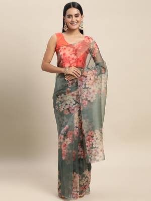 Dark Green Printed Organza Saree With Blouse 1
