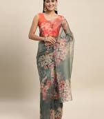 Dark Green Printed Organza Saree With Blouse