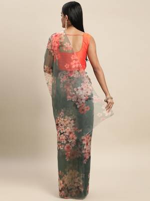 Dark Green Printed Organza Saree With Blouse 2