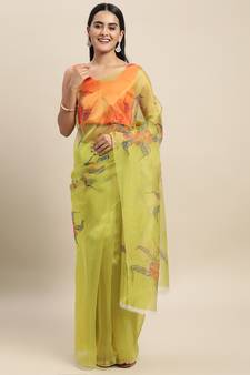 Lime Printed Organza Saree With Blouse