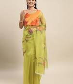 Lime Printed Organza Saree With Blouse