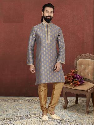 Men Dark Silver Jacquard Silk Kurta Churidar Set 7