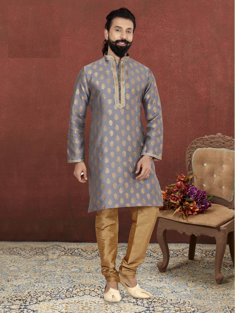 Men Dark Silver Jacquard Silk Kurta Churidar Set