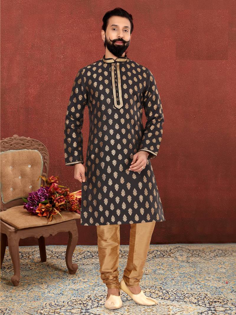 Men Black Jacquard Silk Kurta Churidar Set