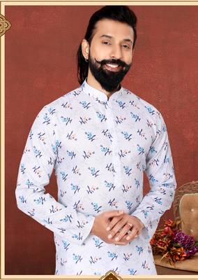 Men White Cotton Digital Printed Kurta Churidar Set 1
