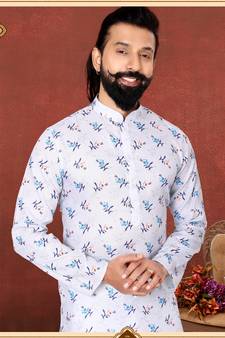 Men White Cotton Digital Printed Kurta Churidar Set