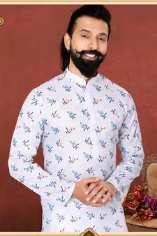 Men White Cotton Digital Printed Kurta Churidar Set