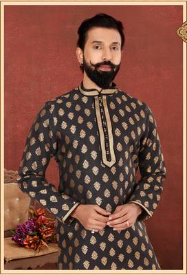 Men Black Jacquard Silk Kurta Churidar Set 1