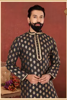 Men Black Jacquard Silk Kurta Churidar Set