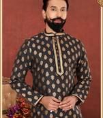 Men Black Jacquard Silk Kurta Churidar Set