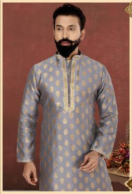 Men Dark Silver Jacquard Silk Kurta Churidar Set 1