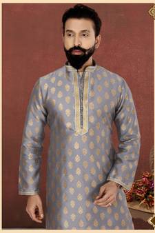 Men Dark Silver Jacquard Silk Kurta Churidar Set