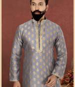 Men Dark Silver Jacquard Silk Kurta Churidar Set